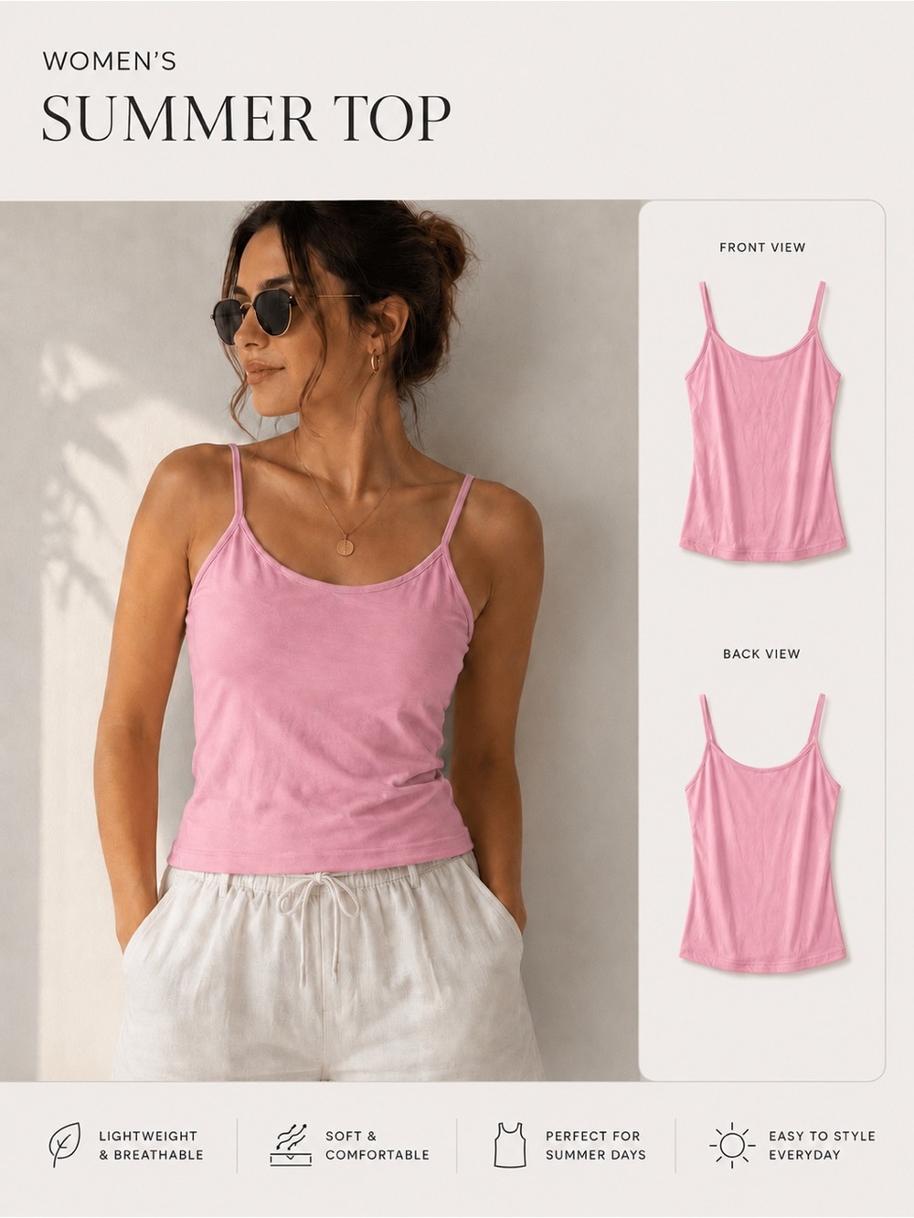 Classic Pink Spaghetti Strap Tank Top Soft Fabric Size M